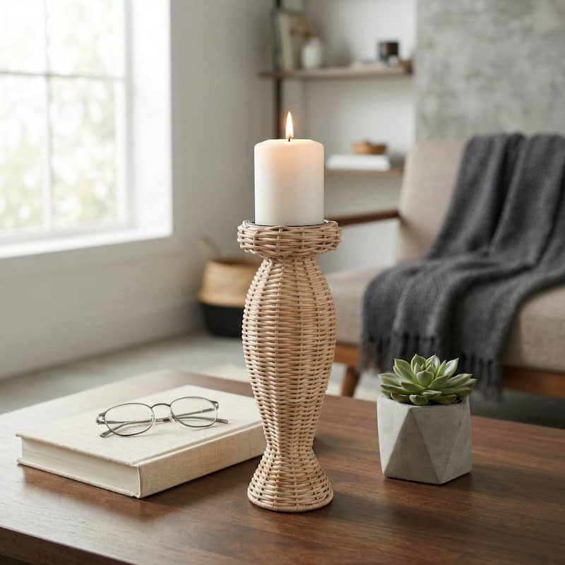 Candle Holder - Brown Metal Handwoven Raffia Pillar