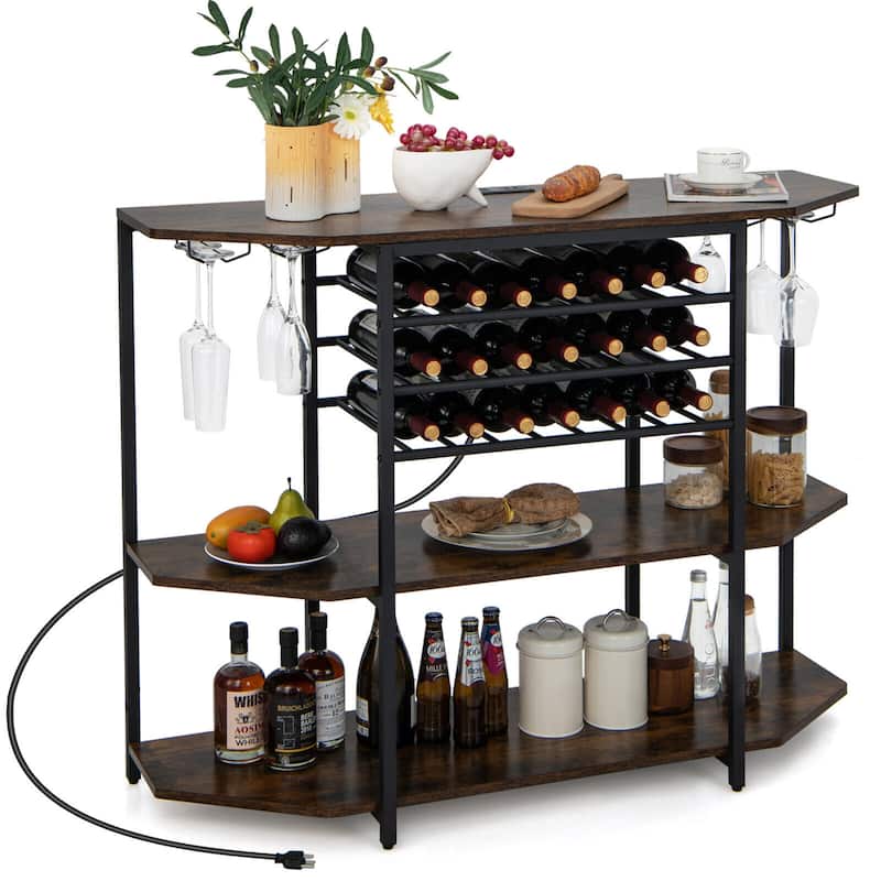 Gymax 3 Tier Wine Bar Cabinet with Storage Shelves Glass Holders - Brown