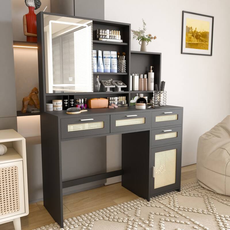 Makeup Vanity with Lights in 3 Colors,Openable Mirror,Vanity Desk with 4 Drawers,1 Cabinet,Shelves, Rattan Vanity Dresser
