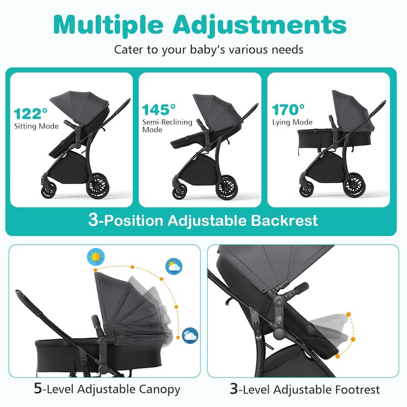 2 in 1 Metal Polyester Foldable Kids Stroller with Adjustable Seat - 38" × 22.5" × 41"