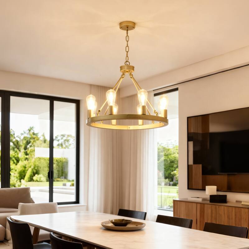 8-light (no bulbs) gold wagon wheel chandeilier with light-e26