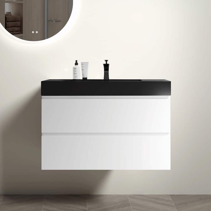36"/30"/24" Floating Bathroom Vanity with Sink, Wall-Mounted Storage Cabinet - Black+White - 36" Width