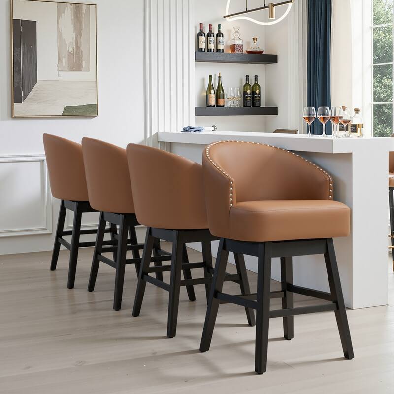 26.4"H Swivel Faux Leather Upholstered Solid Wood Counter Stools - Set of 4 - 26.6''-Brown Cushion+Black Legs