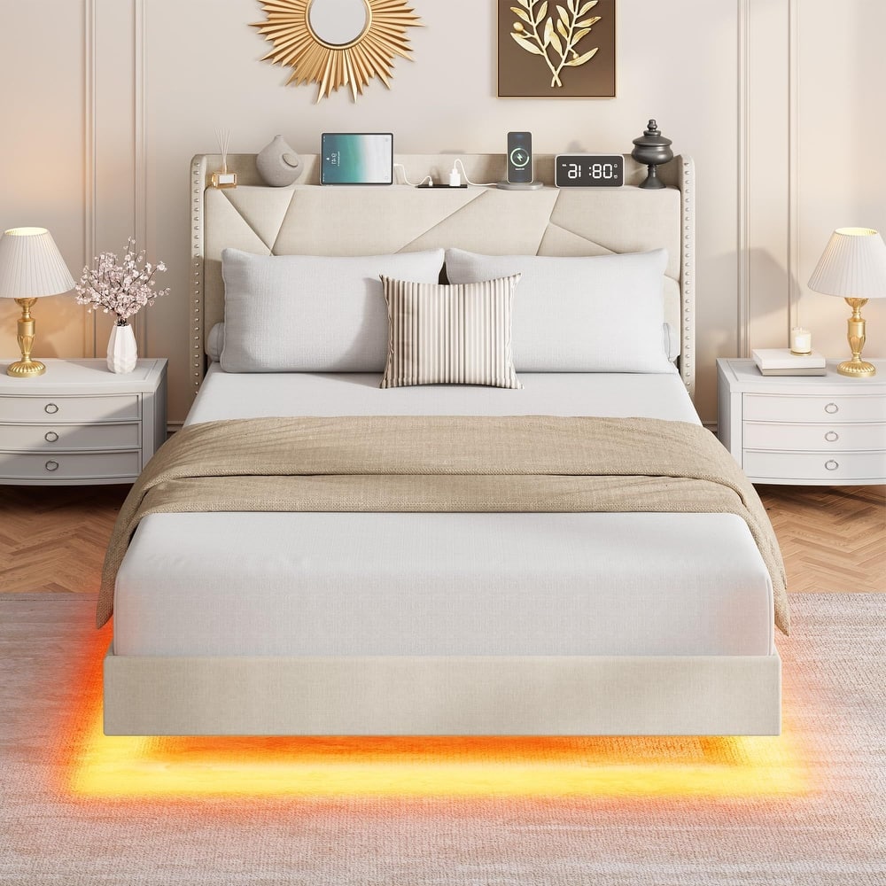 Floating Bed Frame, with RGB LED Lights and Charging Station