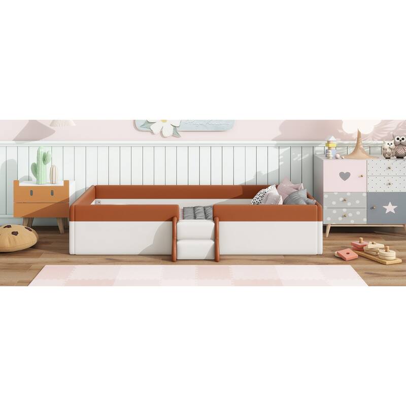 Roomfitters Twin/Full/Queen/King Size Upholstered Daybed Frame with Safety Fence and Stairs, PU Fabric Platform Bed with Slats