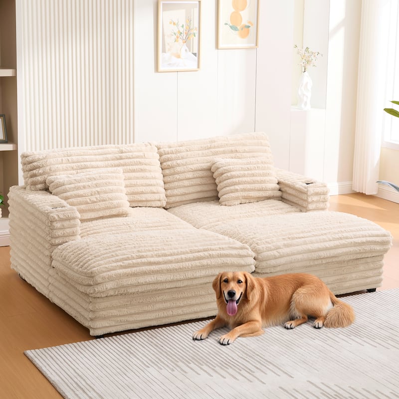 83.5" Oversized Double Chaise Sofa Bed - Plush Cloud Couch w/ USB Ports, Cup Holders & 2 Pillows, Upholstered Sleeper