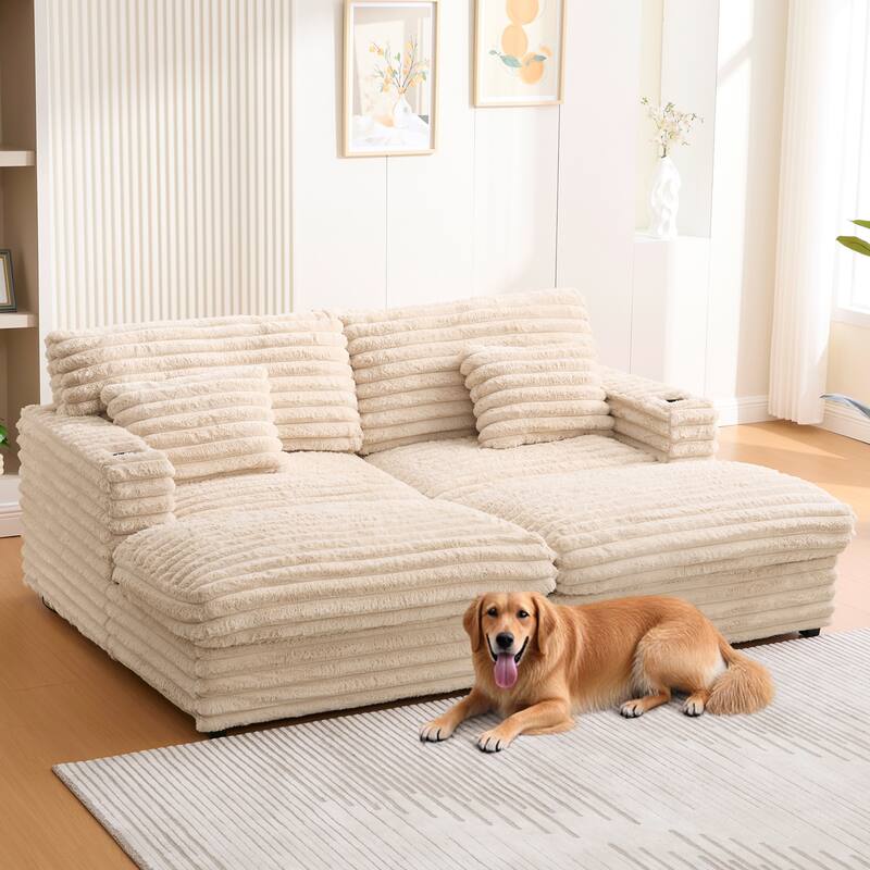 Oversized Double Chaise Lounge Sofa, Living Room 2 Seater Sofa Upholstered Sleeper Sofa Bed Daybed with USB Ports & Cup Holders