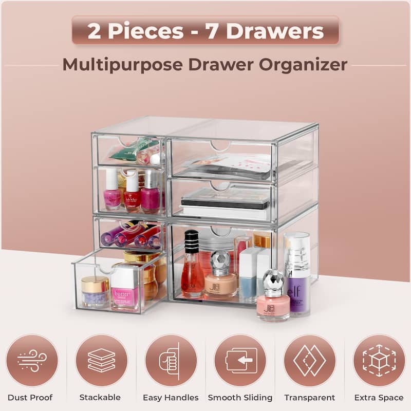 Sorbus Acrylic Cosmetic Makeup Organizer 7 Drawers Clear Stackable Storage Bins For Jewelry And Office Supplies Organizer- 2Pc