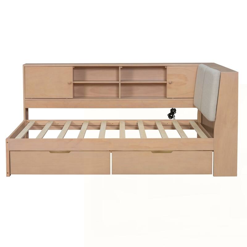 L-shaped Daybed Corner Bed with Storage Bookcase and USB Charging Ports