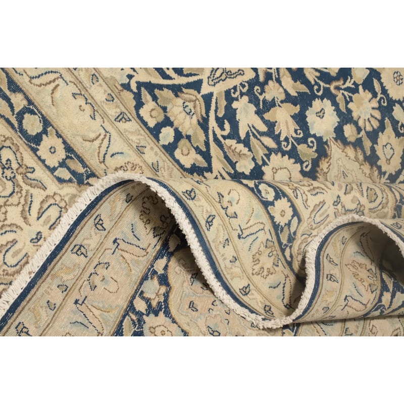 Hand Knotted Oriental 100% Wool Carpet Traditional Floral Navy Blue & Blues Kerman Area Rug - 13' 0'' X 9' 7''