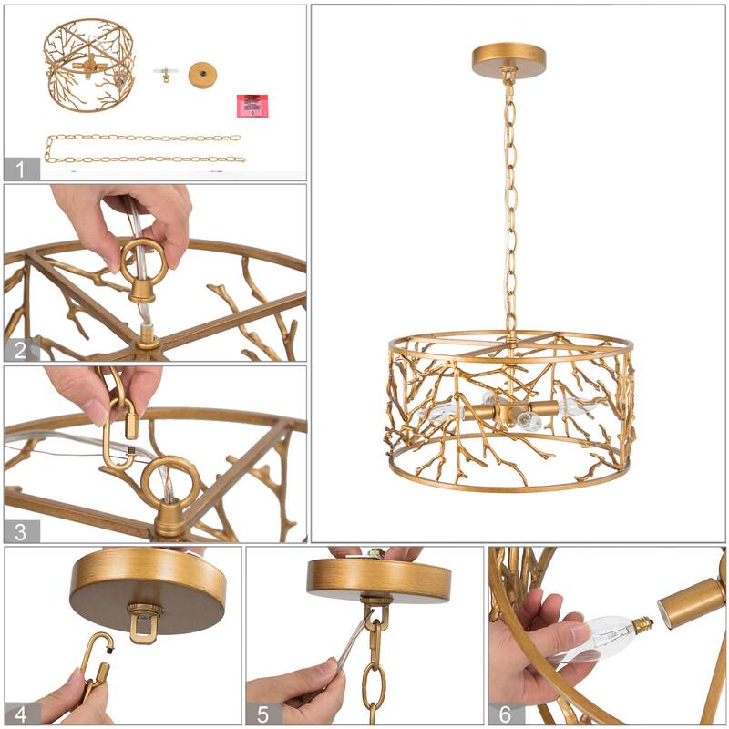 Besa Mid-Century Modern Brass 4-Light Gold Drum Chandelier for Dining Room