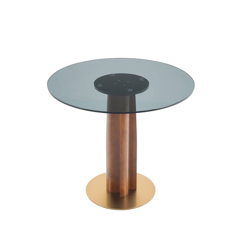 Modern Round Dining Table, 33.5" Tempered Glass Table with Wooden Leg & Gold Base, 2 - Person Kitchen Table for Small Space