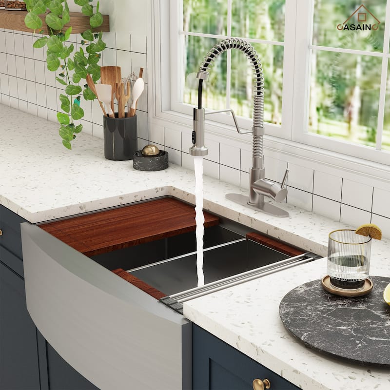 Farmhouse/Apron-Front Single Bowl 16 Gauge Stainless Steel Workstation Kitchen Sink with Pull Down Kitchen Faucet & Accessories
