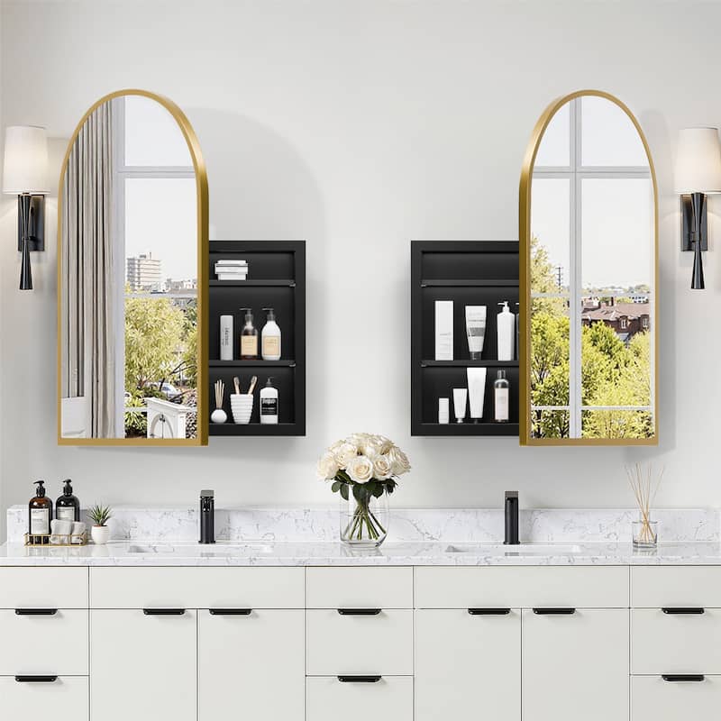 Arched Bathroom Medicine Cabinet with Mirror Metal Framed Wall Mounted Recessed Cabinets for Bathroom Vanity