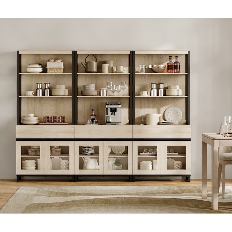 3 PCS Modern 72" Tall Buffet Cabinet with 3 Drawers and Open Shelves, Storage Cabinet for Dining Room or Kitchen