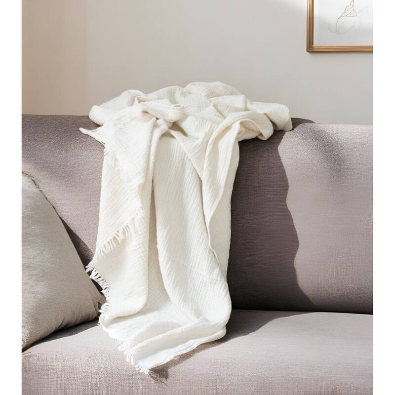 HomeRoots 47" X 60" Beige Cotton Woven Turkish Towel Throw Blanket with Fringe - Throw - Beige