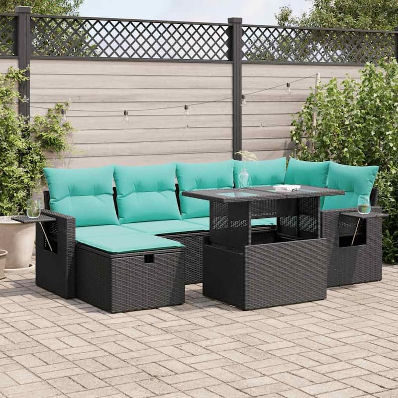 vidaXL Patio Sofa Set with Cushions and Table Outdoor Garden 7 Piece Poly Rattan - Black with storage - 21.7" x 24.4" x 27.2"