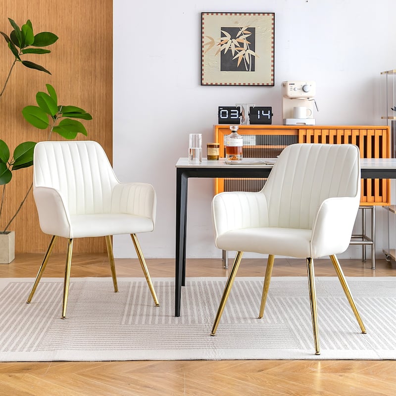 Dining Chair Set of 2 - Modern Mid-Back Accent Chairs with Gold Plating Legs - Upholstered Living Room Chairs (Set of 2) - White