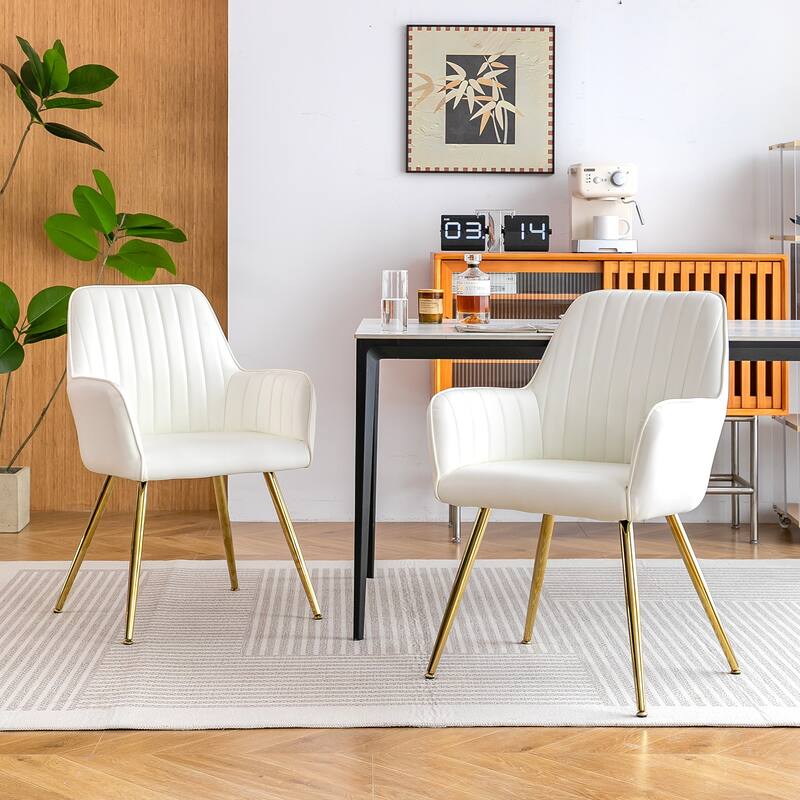 Faux Leather Dining Chair Set of 2 - Modern Mid-Back Accent Chairs with Gold Plating Legs - Upholstered Chairs (Set of 2) - White