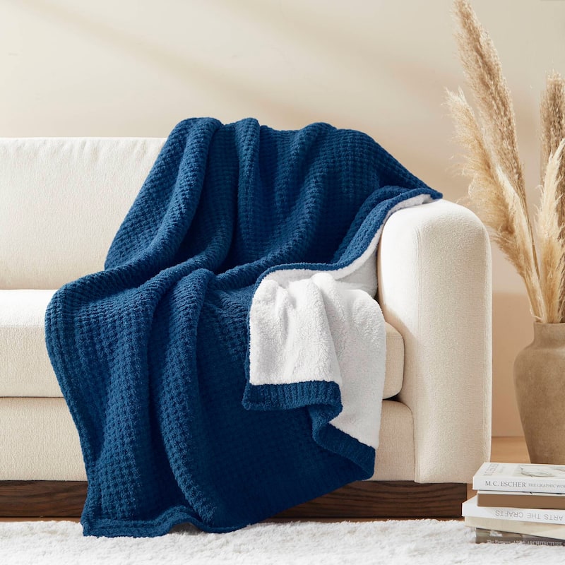Madison Park Eden Waffle Knit Chenille Throw 50x60" - 50x60" - Navy Blue