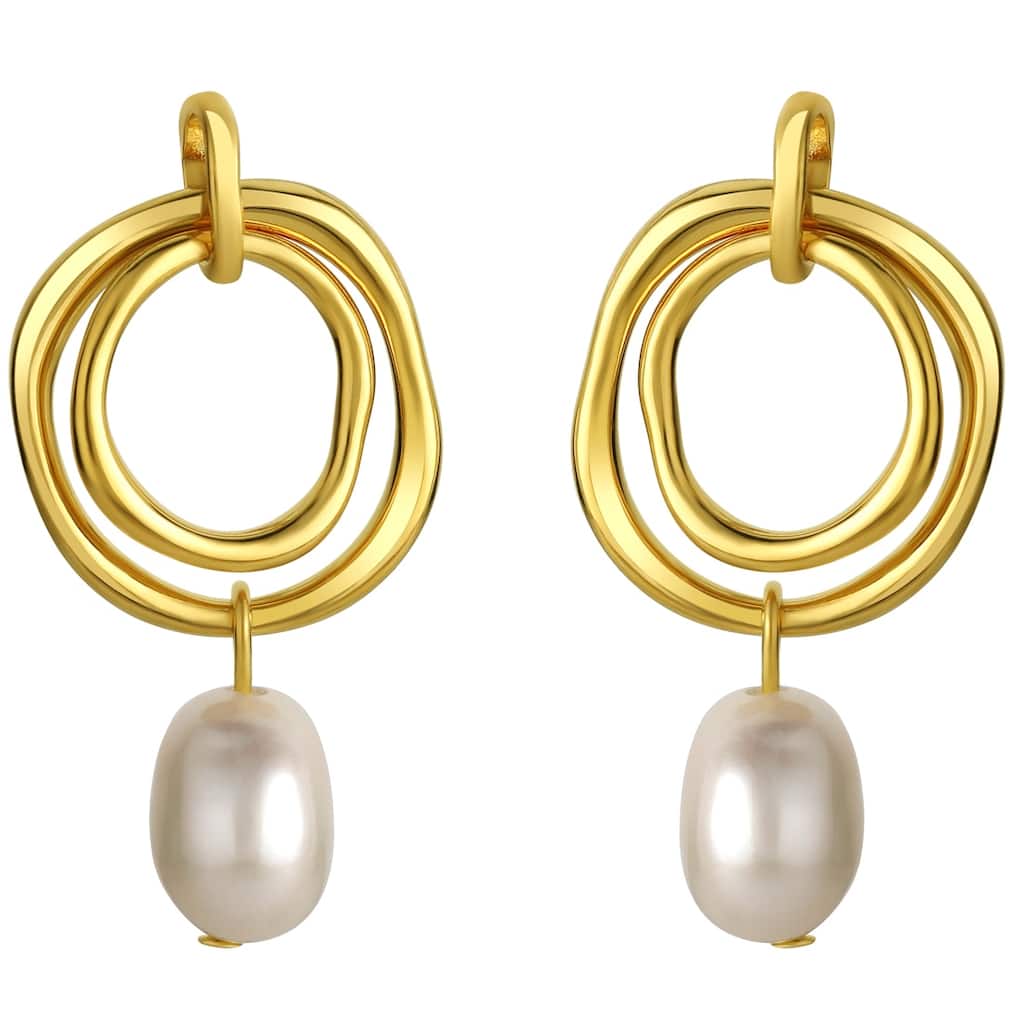 Yellow-Tone Sterling Silver Freshwater Pearl Ring Drop Earrings