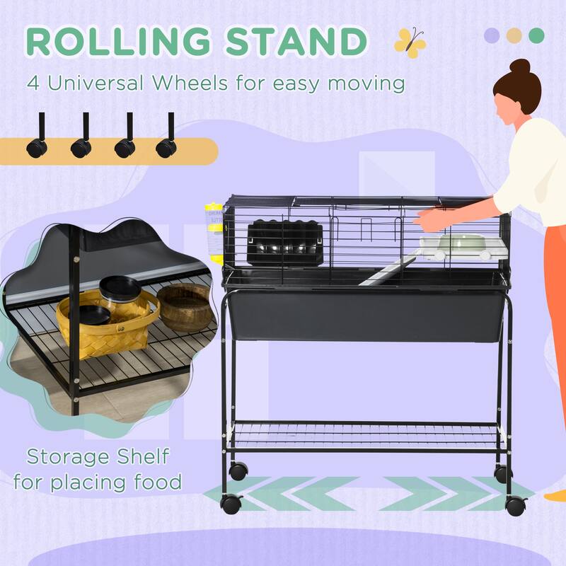 Small Animal Playpen Cage with Stand, Wheels & Storage Shelf - 33" L x 18.5" W x 35.25" H