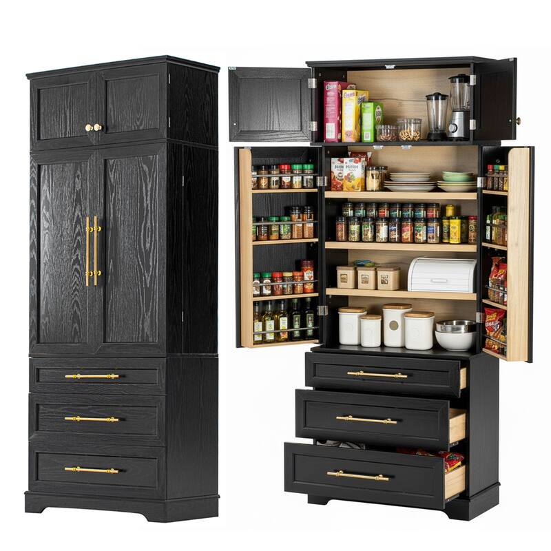 Freestanding Pantry Cabinet, Tall Storage Cupboard with 8 Door Shelves, 3 Adjustable Shelves, 3 Large Drawers, Kitchen Hutch - Black