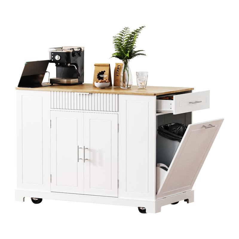 Mobile Kitchen Island with Trash Can Storage, Power Outlet, 3 Drawers, Open Shelves, 5 Wheels, Fluted Design