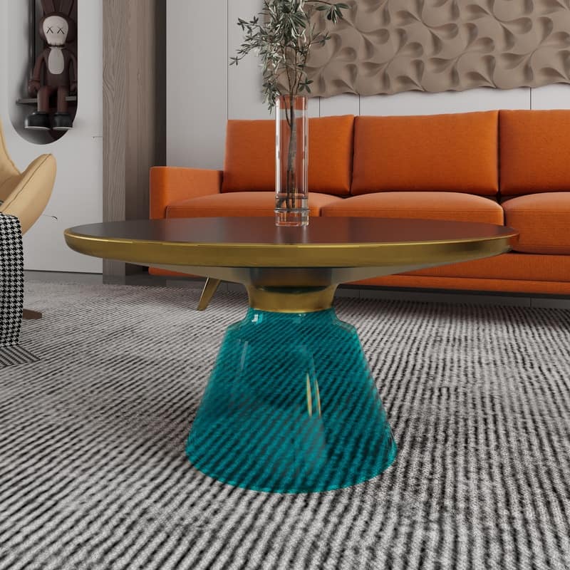 Tully Modern Round Glass/Stone Coffee Table with Brushed Gold Iron Rim Frame Glass Pedestal Base Fully Assembled