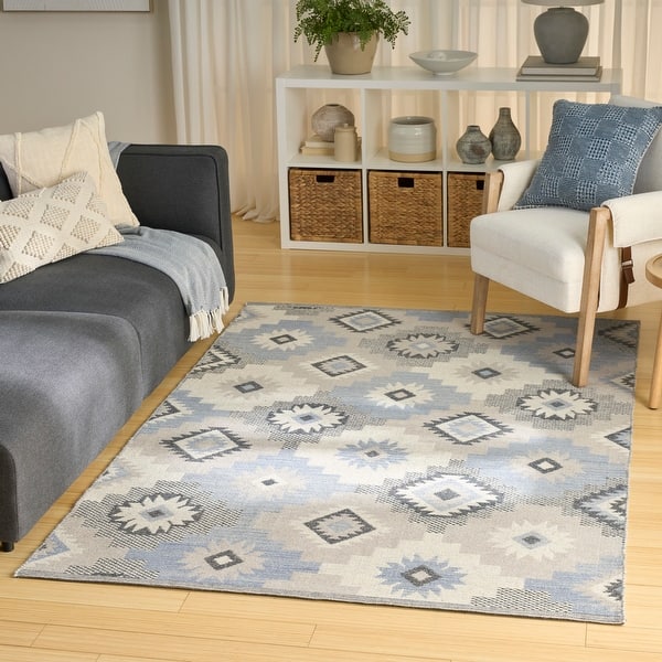 slide 2 of 24, Nourison Copenhagen Flatwoven Wool Indoor only Geometric Area Rug 5' x 7' - Ivory/Blue