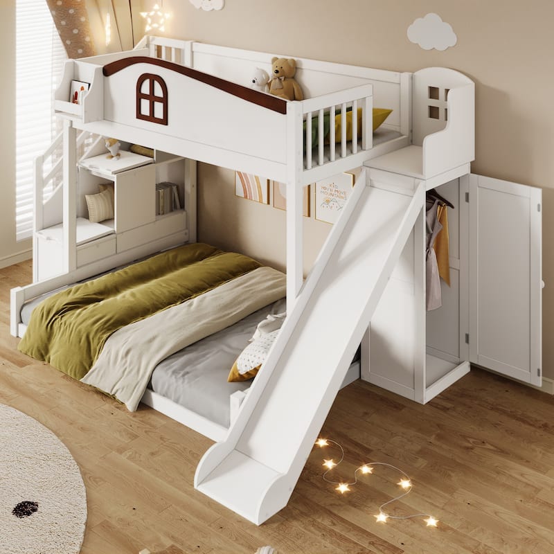 Fairytale Twin Over Full Kids Floor Bunk Bed with Slide, Storage Staircase, Shelves and Wardrobe, Wooden House Bed