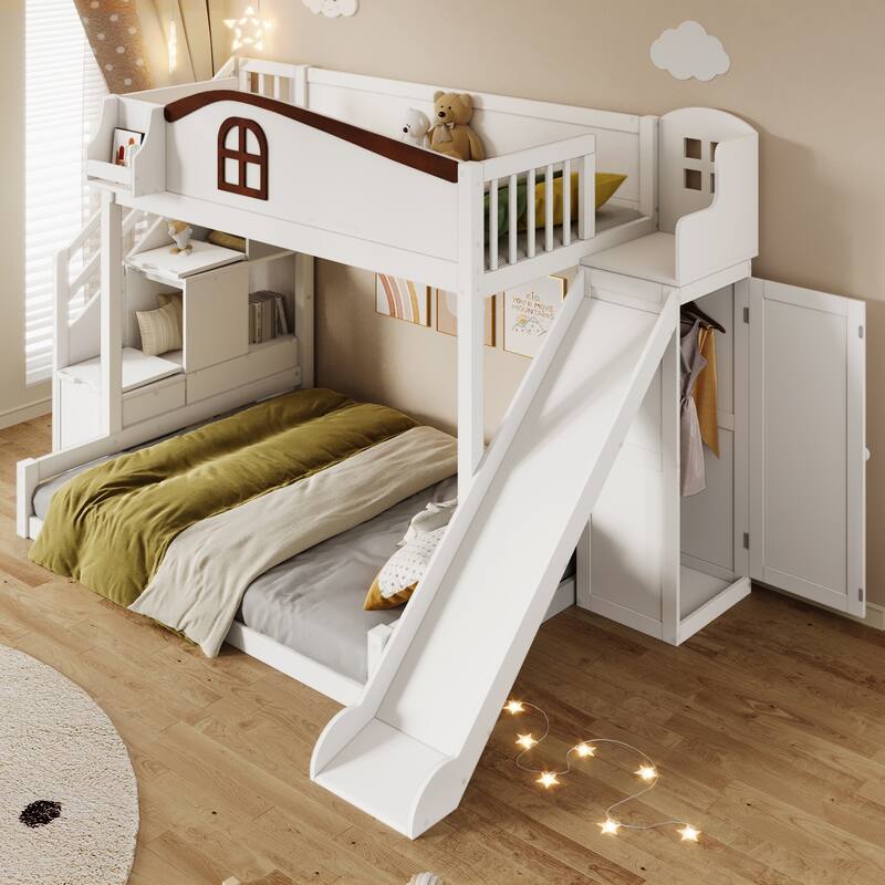 Roomfitters Twin Over Full Bunk Bed with Slide, Wardrobe and Storage Staircase
