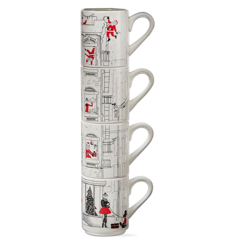 Santa Cityscape Stacking Mugs Set of 4 - 16oz Bone China Drinkware for Christmas - Dishwasher Safe, Multicolor