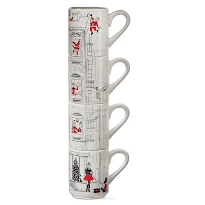 Santa Cityscape Stacking Mugs Set of 4 - 16oz Bone China Drinkware for Christmas - Dishwasher Safe, Multicolor