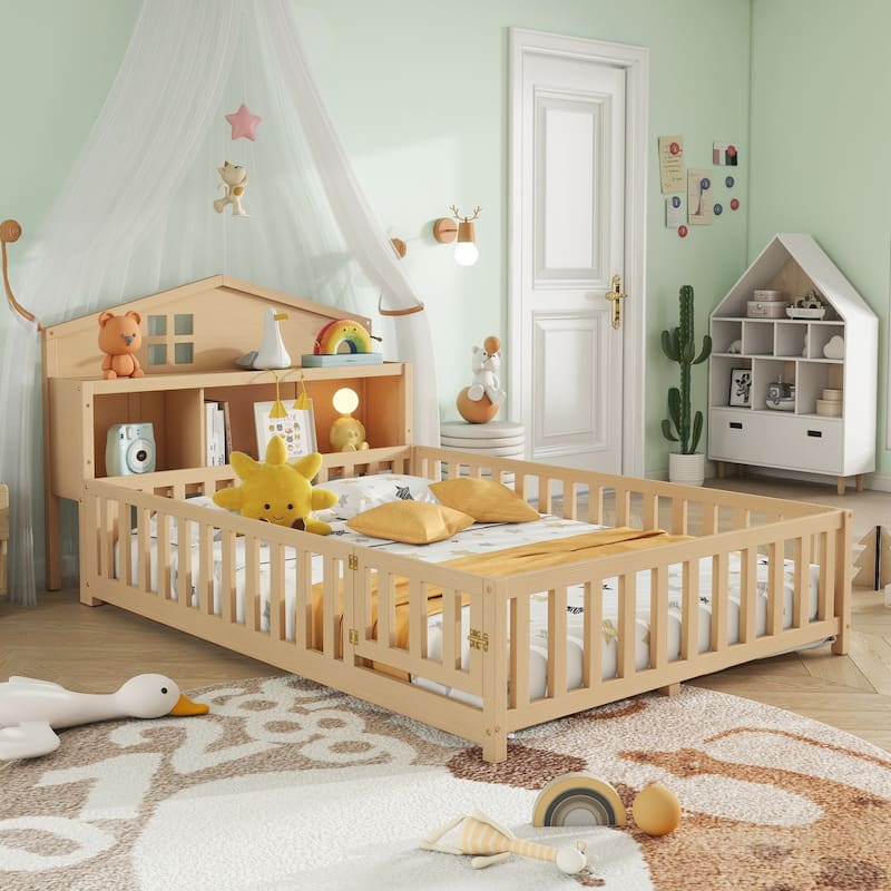 Full-Size Montessori Floor Bed with Bookcases, Blackboards, and Storage Headboards for Kids and Teens - Natural