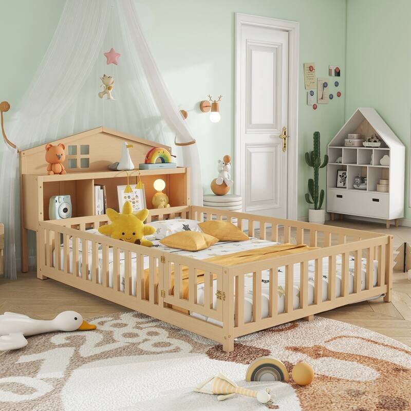 Wooden Full Size Montessori Floor Bed with Bookcases and Blackboards, Solid Pine Floor Platform Bed Frame with House Headboard