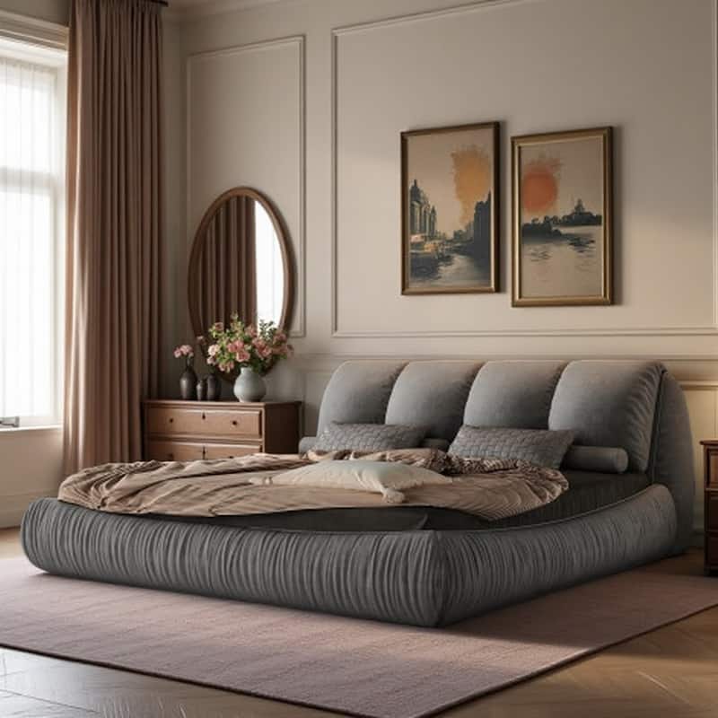 King Size Upholstered Bed Frame with Extra-Wide Cushioned Headboard, Solid Pine Slats & Adjustable Mattress Height - King Grey - King