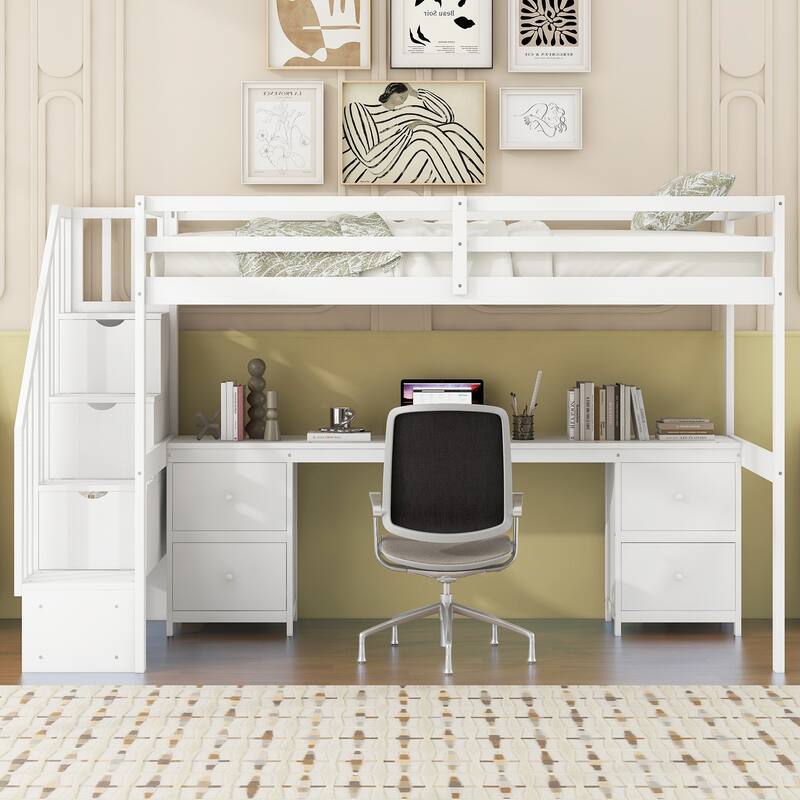 Wood Twin Size Loft Bed Frame with Built-in Desk and Double Storage Drawers, Loft Bed Frame w/Slats Support No Box Spring Needed - White