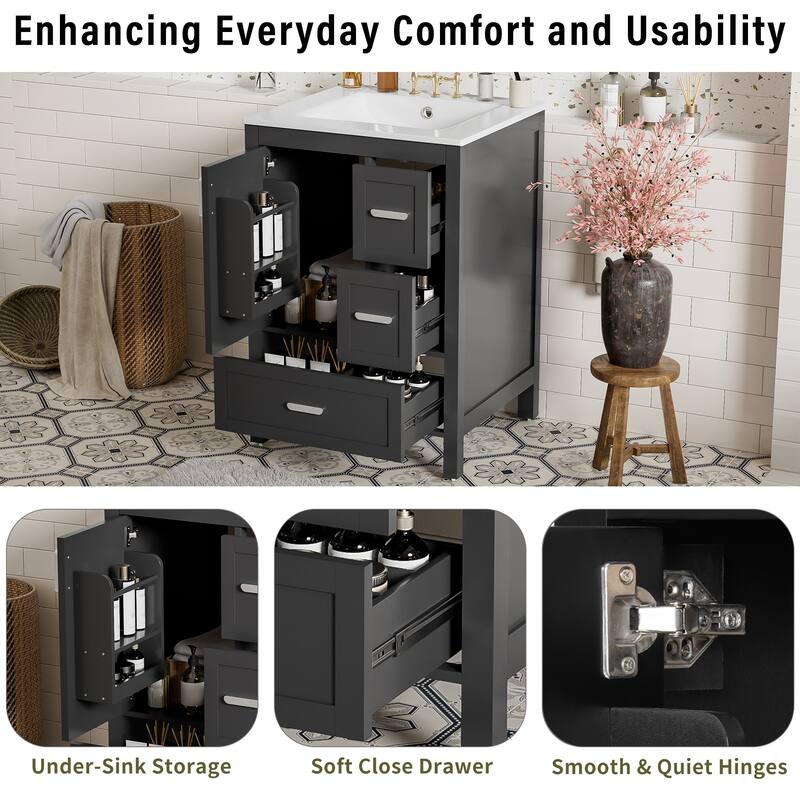 Modern 24-inch Bathroom Vanity with Ceramic Sink, Soft-Close Door, Double-Layer Door Shelf, and 3 Drawers