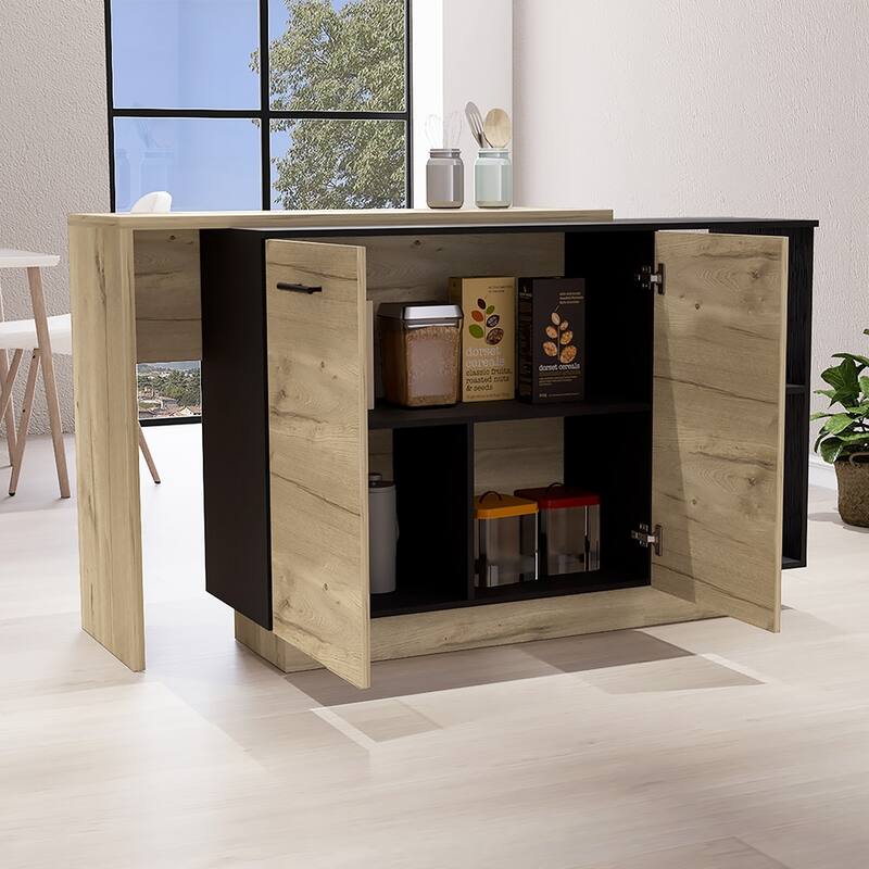 Kitchen Island, Double Door Cabinets, Two External Shelves, Three Shelves