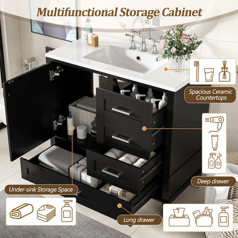 GDFStudio - Aurea Wood & Ceramic 36" Bathroom Vanity with Sink, Soft-Close Door & 3 Drawers