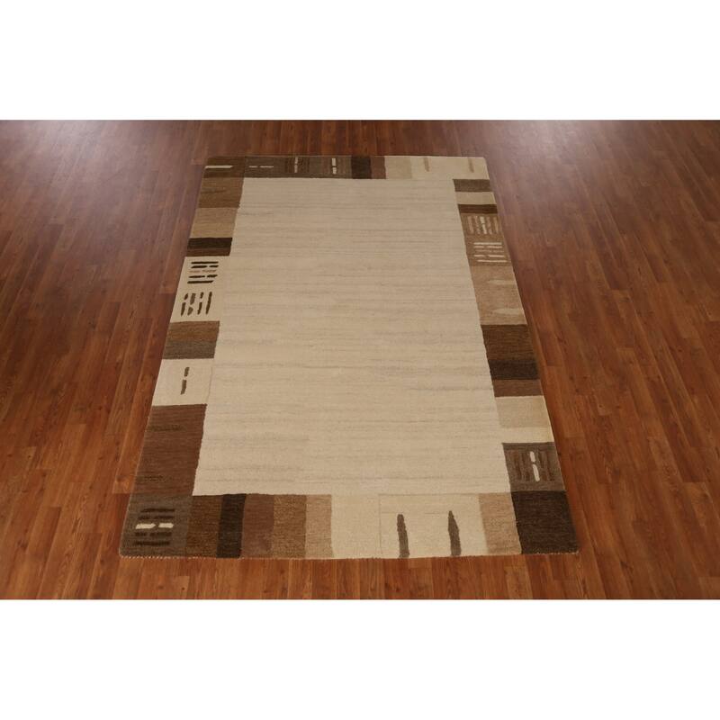 Border Gabbeh Indian Area Rug Hand-Tufted Solid Beige Wool Carpet - 5'3" x 7'7"