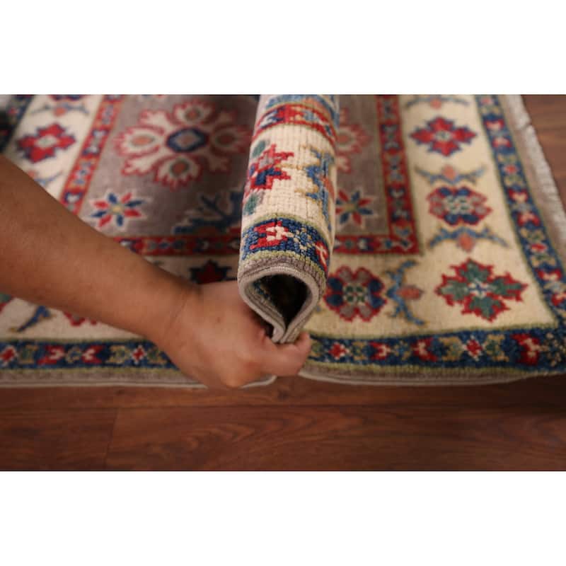 Hand Knotted Oriental 100% Wool Carpet Traditional Geometric Greys & Charcoal Kazak Area Rug - 3' 0'' X 2' 0''