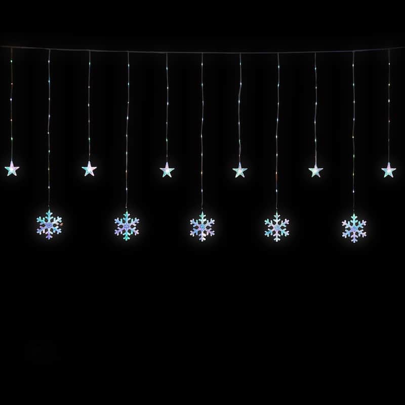 250 Multi LED Star Snowflake Window Curtain Lights 16ft Clear Wire