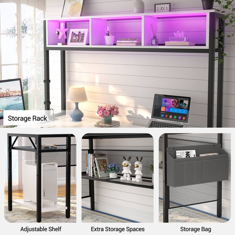 Reversible L-shaped Computer Desk with Storage Shelves and LED Strip and Power Outlets,Corner Desk Gaming Table