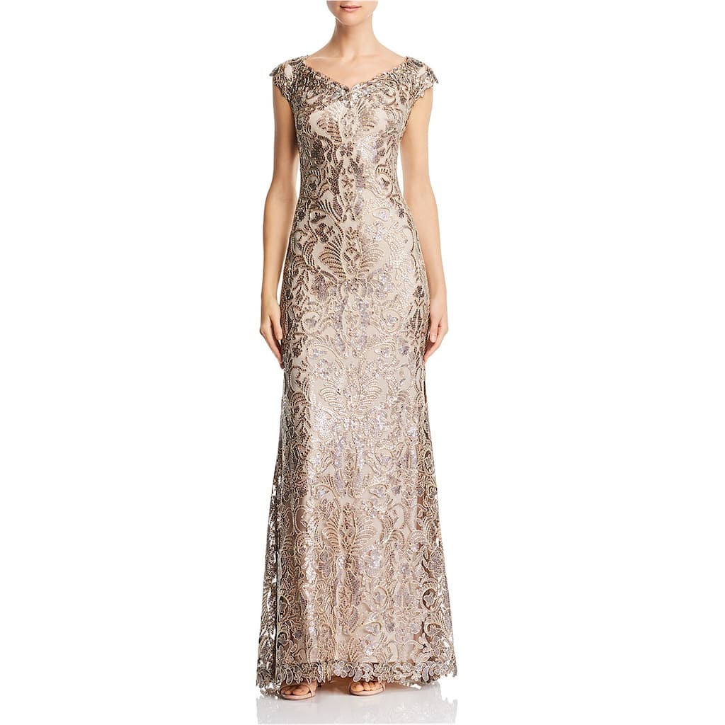 Tadashi Shoji Womens Embroidered Sequin A-line Dress, Brown, 2