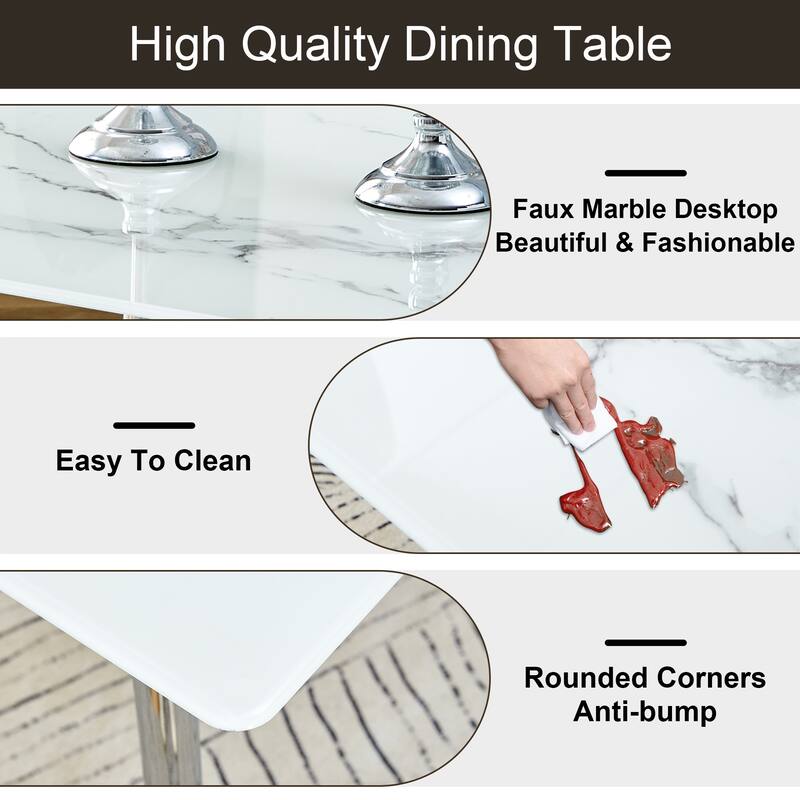 51" Tempered Glass Dining Table, Rectangular Living Room Table with Faux marble Tabletop and Metal Legs and Non-Slip Feet