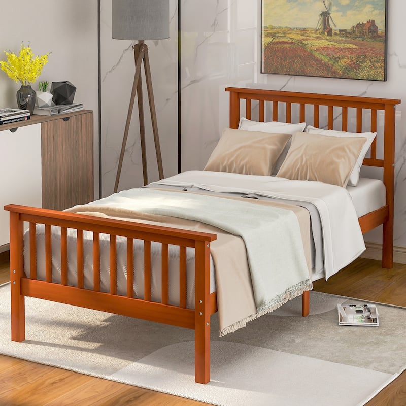 Solid Pine Wood Twin Platform Bed with Vertical Slats Headboard