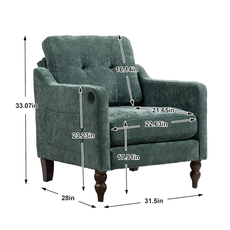 Chenille Accent Chair with USB Port, Ergonomic Upholstered Armchair, Lounge Reading Chair with Side Pocket & Wooden Legs - Dark Green