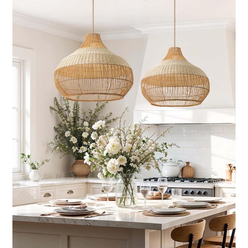 Beatrice Brown Rattan Pendant Light Fixture for Dining, Living Room, or Kitchen Island in Modern Farmhouse and Coastal Style